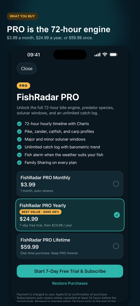 FishRadar PRO screen with monthly, yearly and lifetime plans