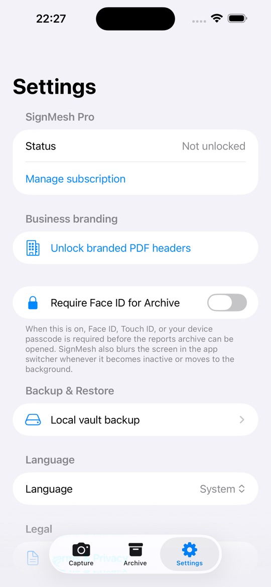 Settings screen with Face ID lock, backup and language options