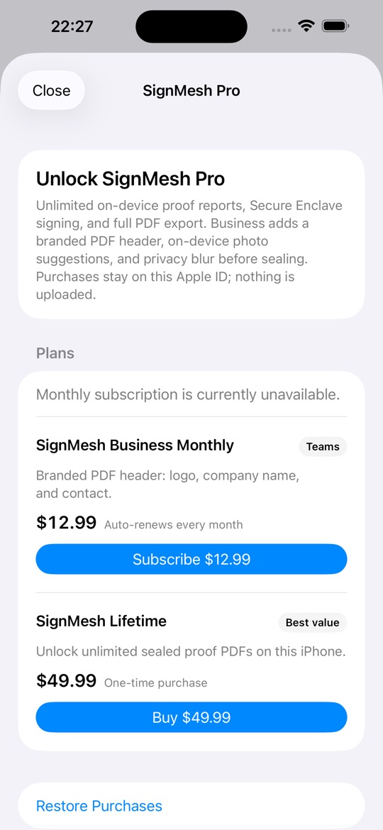 SignMesh Pro purchase screen