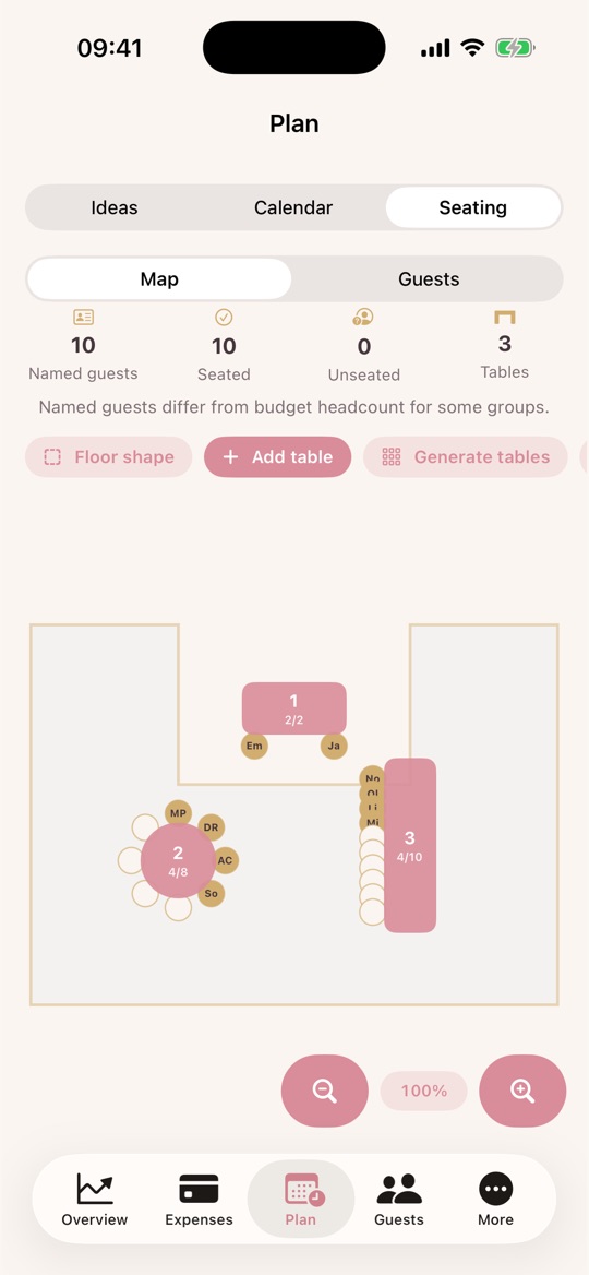 Interactive seating map with tables and seats